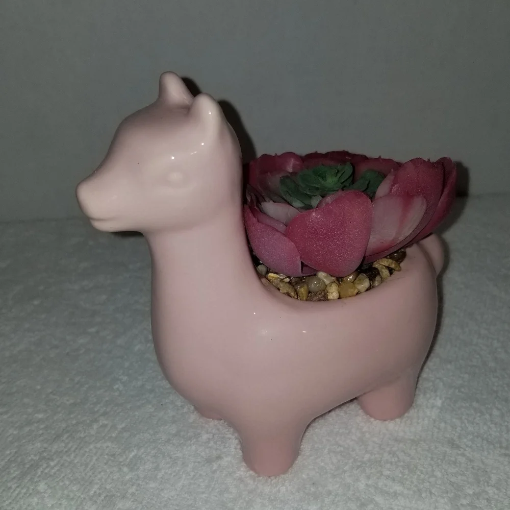 Pink Ceramic Llama Decorative Planter  Home Accent Succulent